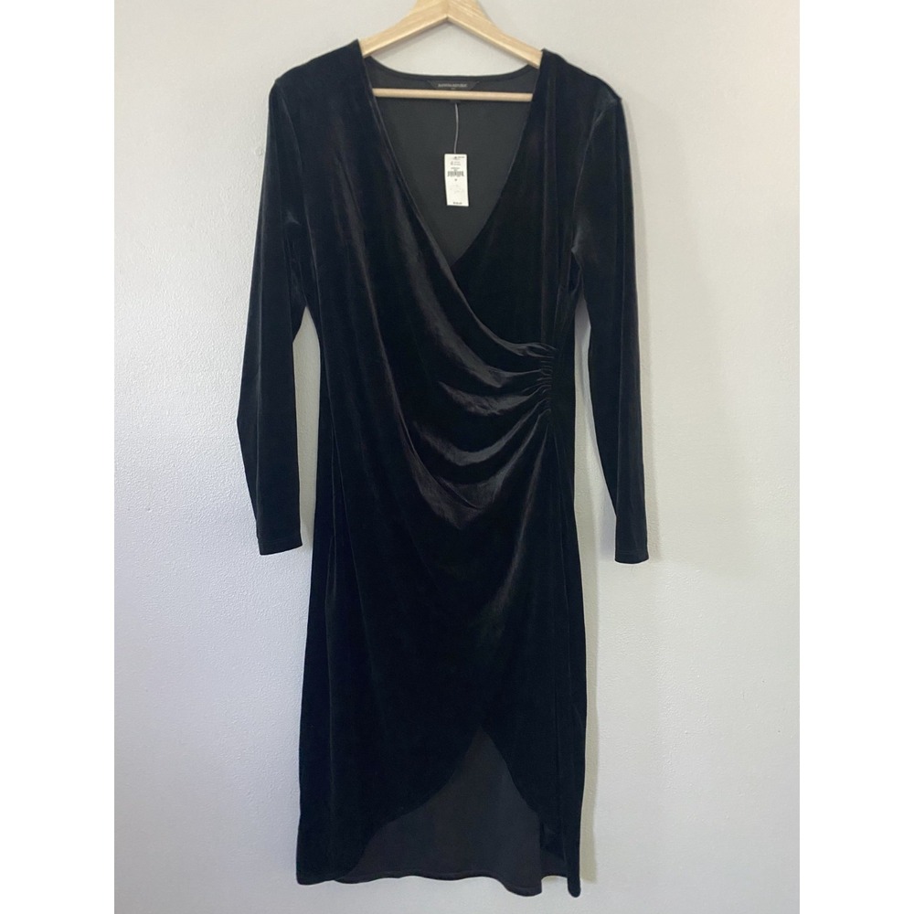 Banana Republic‎ NWT Black Velvet Velour Dress Women Sz M Faux Wrap Knee Length